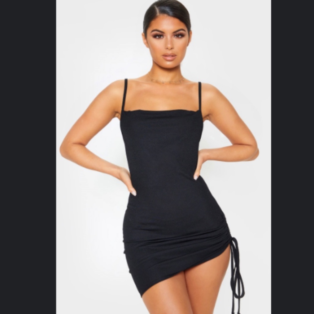 Pretty little thing Black Cowl Neck Ruched Side Bodycon Dress size 6